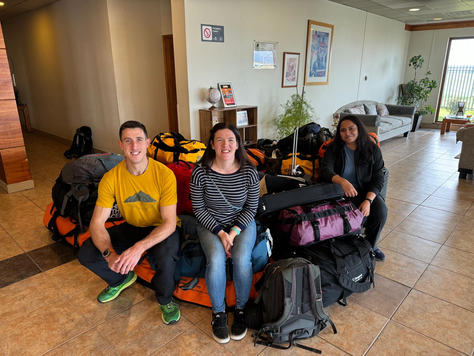 The field team in the hotel lobby in Punta Arenas